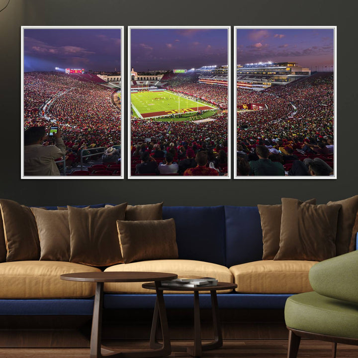 The vibrant wall art canvas print captures the USC Trojans playing under lights at dusk in LA Memorial Coliseum.