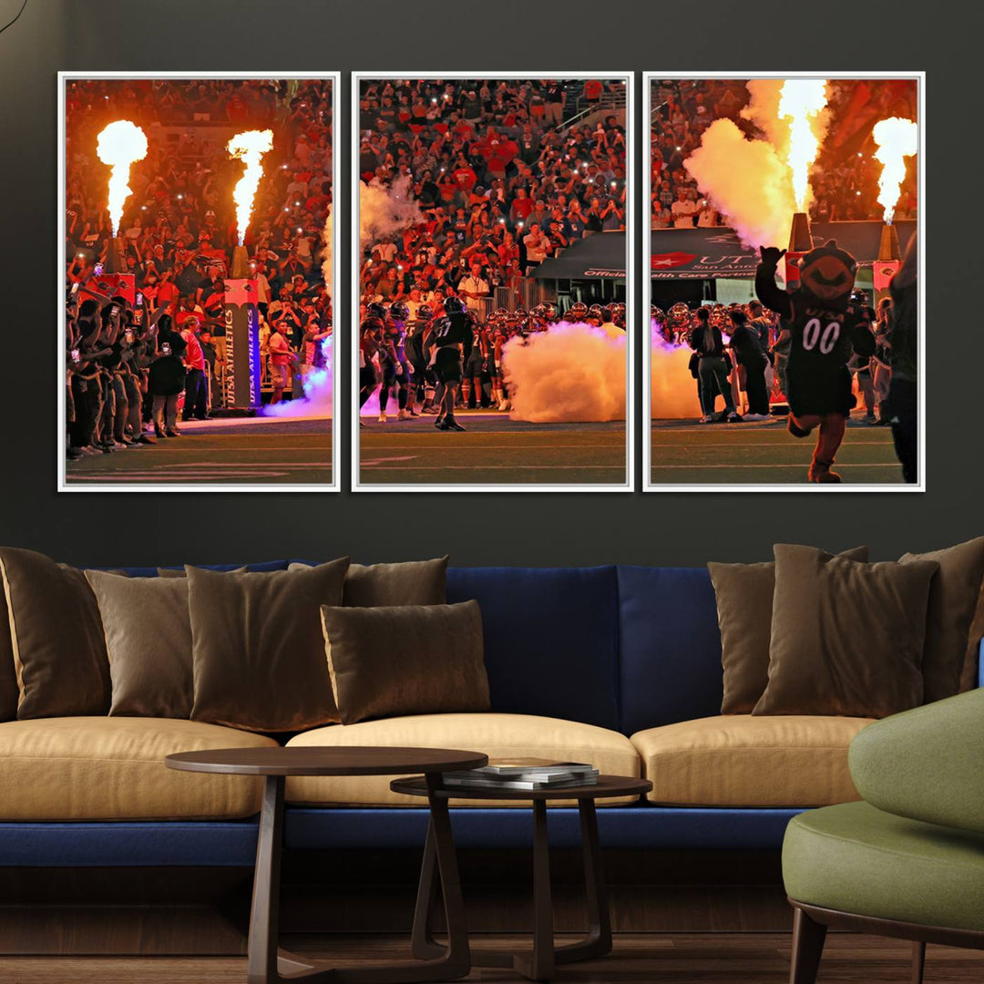 This canvas print captures the UTSA Roadrunners storming the Alamodome under smoke and fire.