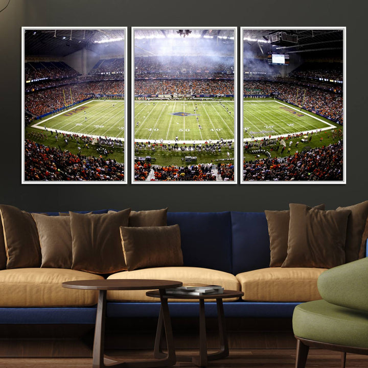 The modern living room features an Alamodome wall art canvas print, depicting a stadium filled with spectators for a UTSA Roadrunners game.