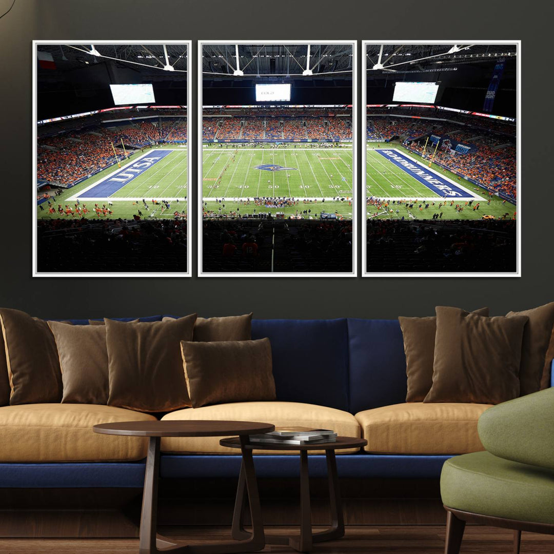 The UTSA Roadrunners game at Alamodome canvas print captures the scene from above, displaying fans and the UTSA lettering on the field.