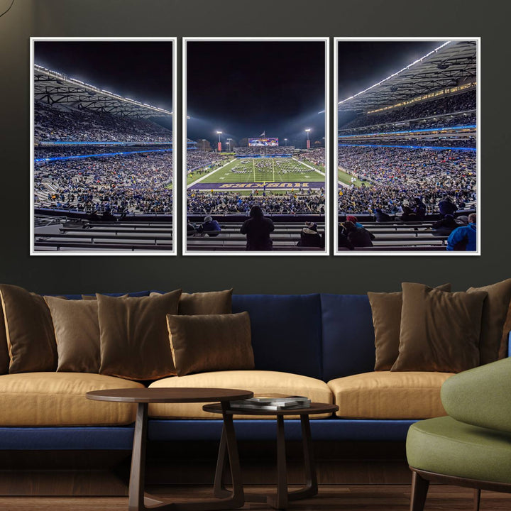 A canvas print titled The University of Washington Huskies Football depicts a packed Husky Stadium at night, as seen from the stands.