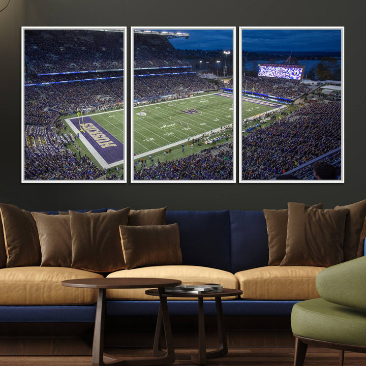 The University of Washington Huskies Football Team Print: Seattle Husky Stadium Wall Art Canvas captures a dusk stadium view.