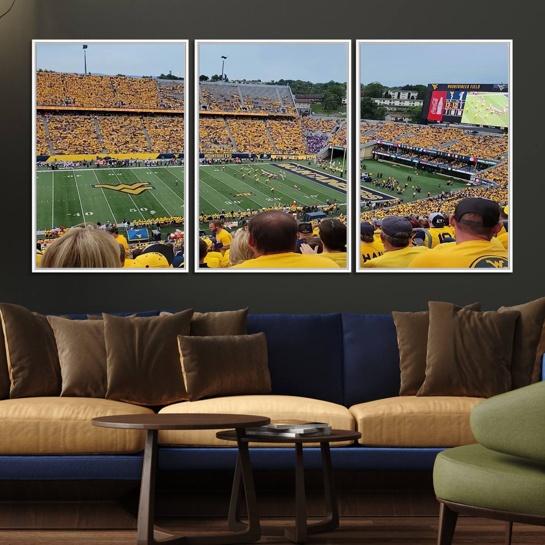 A Puskar Stadium canvas print decorates the modern living room shelf.