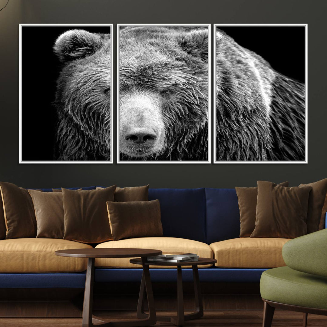 The 399 Grizzly Bear Canvas Print is displayed prominently on a wall in a modern living room.