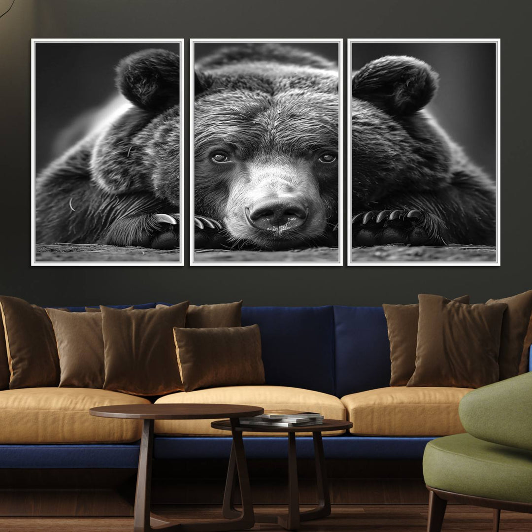 A black and white canvas print titled Resting Grizzly 399 Bear is displayed prominently.