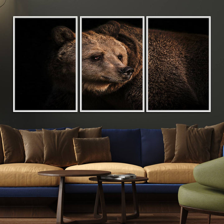 The Wild Grizzly 399 Bear Canvas Wall Art Print enhances modern living rooms with its neutral color palette.