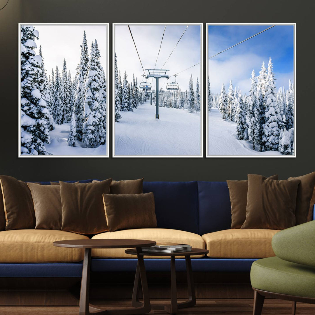 Winter Ski Lift Wall Art Print: Snowy Mountain Adventure, ideal for cabin or farmhouse decor under a clear blue sky.