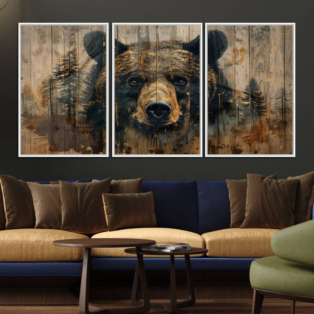 Abstract 399 Bear Wall Art showcases a bears face intertwined with forest trees, ideal for enhancing rustic lodge, cabin, or barn decor.