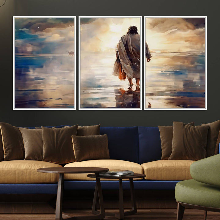 The wall art depicts a robed figure walking on water towards a boat, framed by a stunning sunset. This is showcased in the Jesus Walking on Water Triptych Canvas Print.