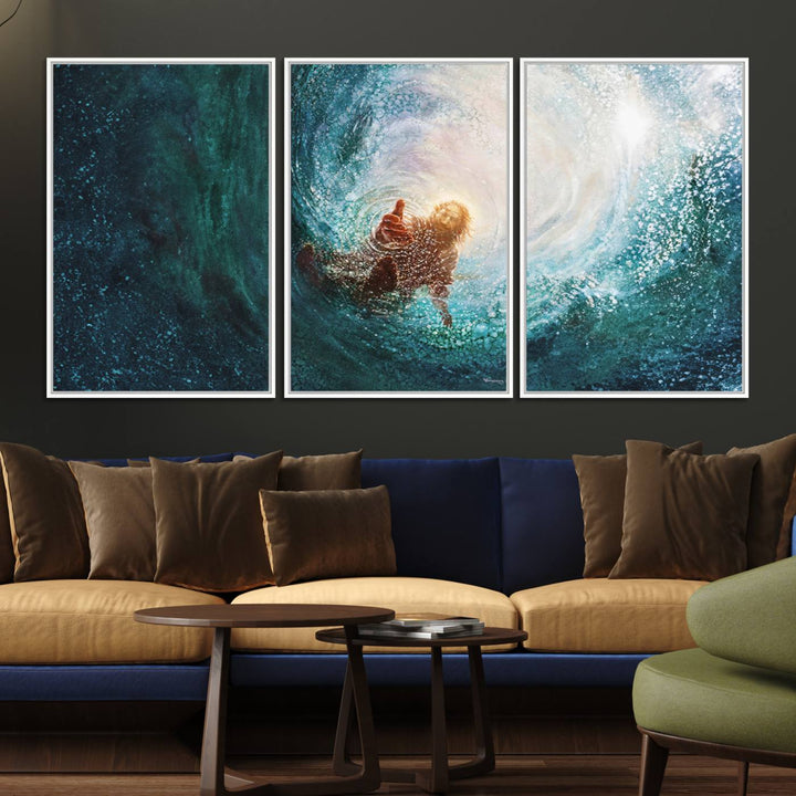 A swimmer heads towards light in an ethereal vortex on the Powerful Jesus Canvas Print - Hand of Salvation, Inspirational Wall Art.