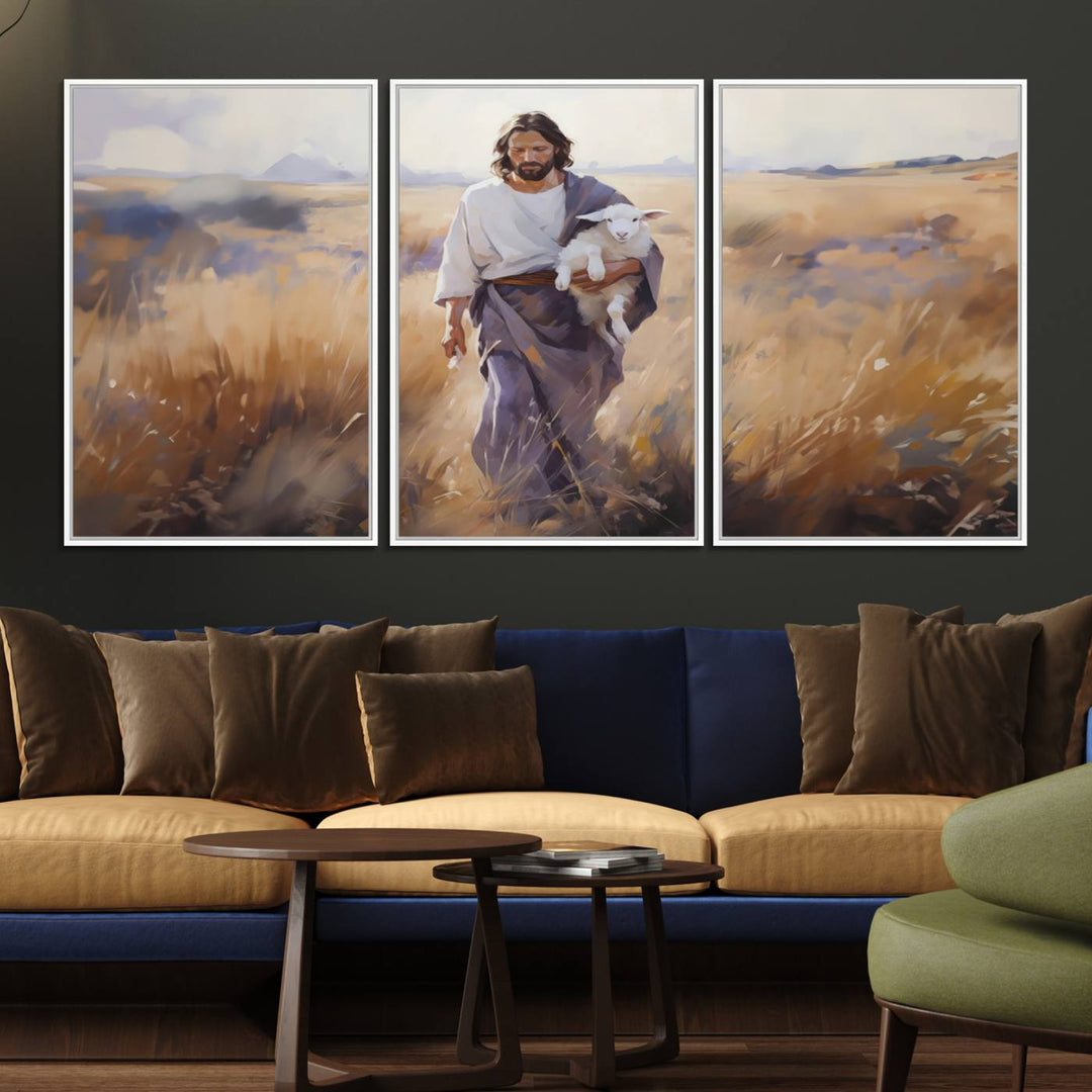 A canvas art piece depicts a bearded man carrying a lamb in a field, reminiscent of Jesus the Good Shepherd, ideal for prayer room decor.