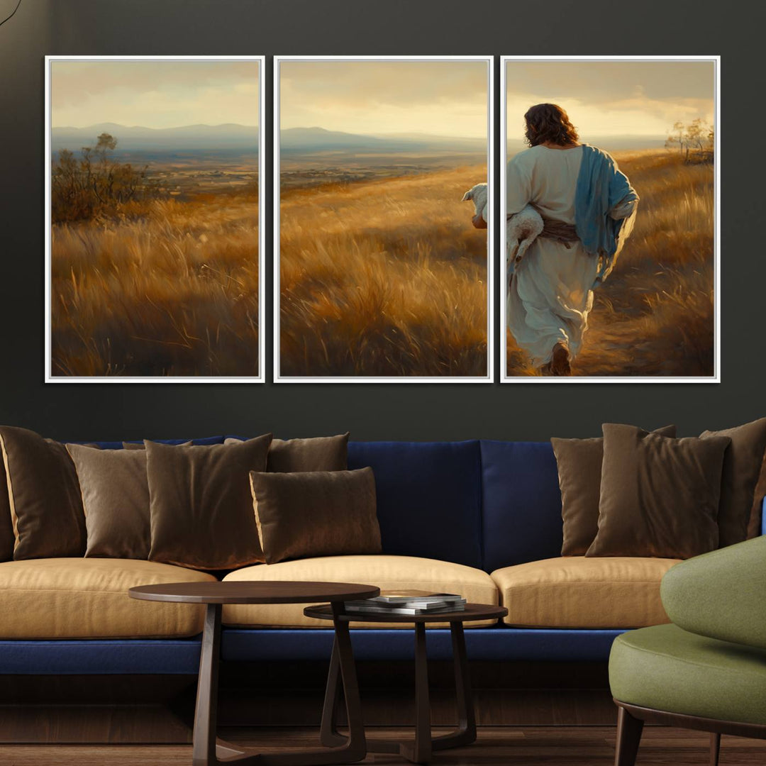 The wall art, titled Jesus the Good Shepherd, depicts a golden field at sunset.