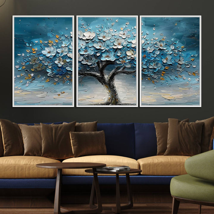 Abstract Blooming Tree Wall Art Print features blue, white, and gold textures on museum-quality canvas, perfect for modern decor.