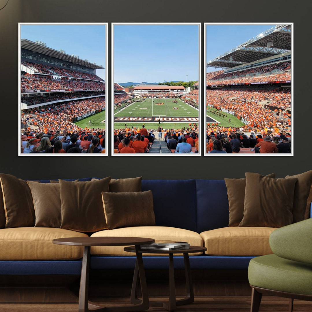 Wide-angle view of Corvallis Reser Stadium with Oregon State field, depicted in Beavers team print canvas art.