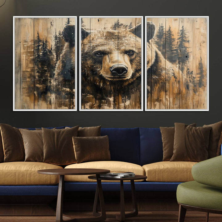 Majestic Grizzly 399 Bear 3-panel rustic canvas print with woodland theme.