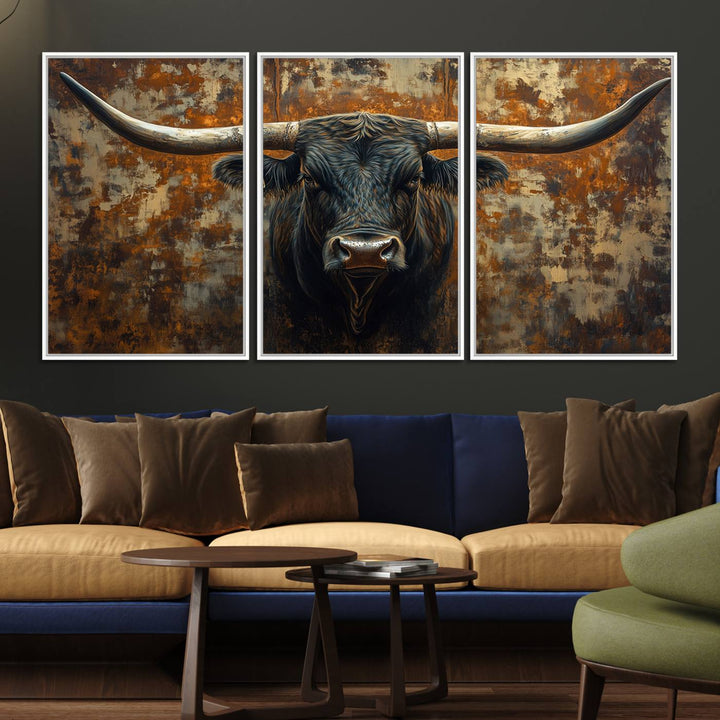 The Longhorn Texas Cow Bull Wall Art canvas print showcases rustic farmhouse decor.