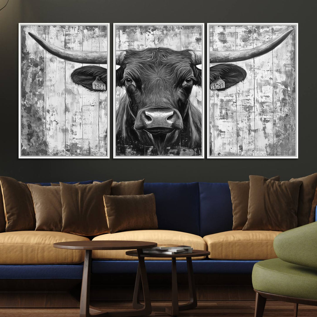 Abstract Longhorn Bull canvas print, featuring rustic Texas-themed wall art on a wooden background, ideal for Western decor.