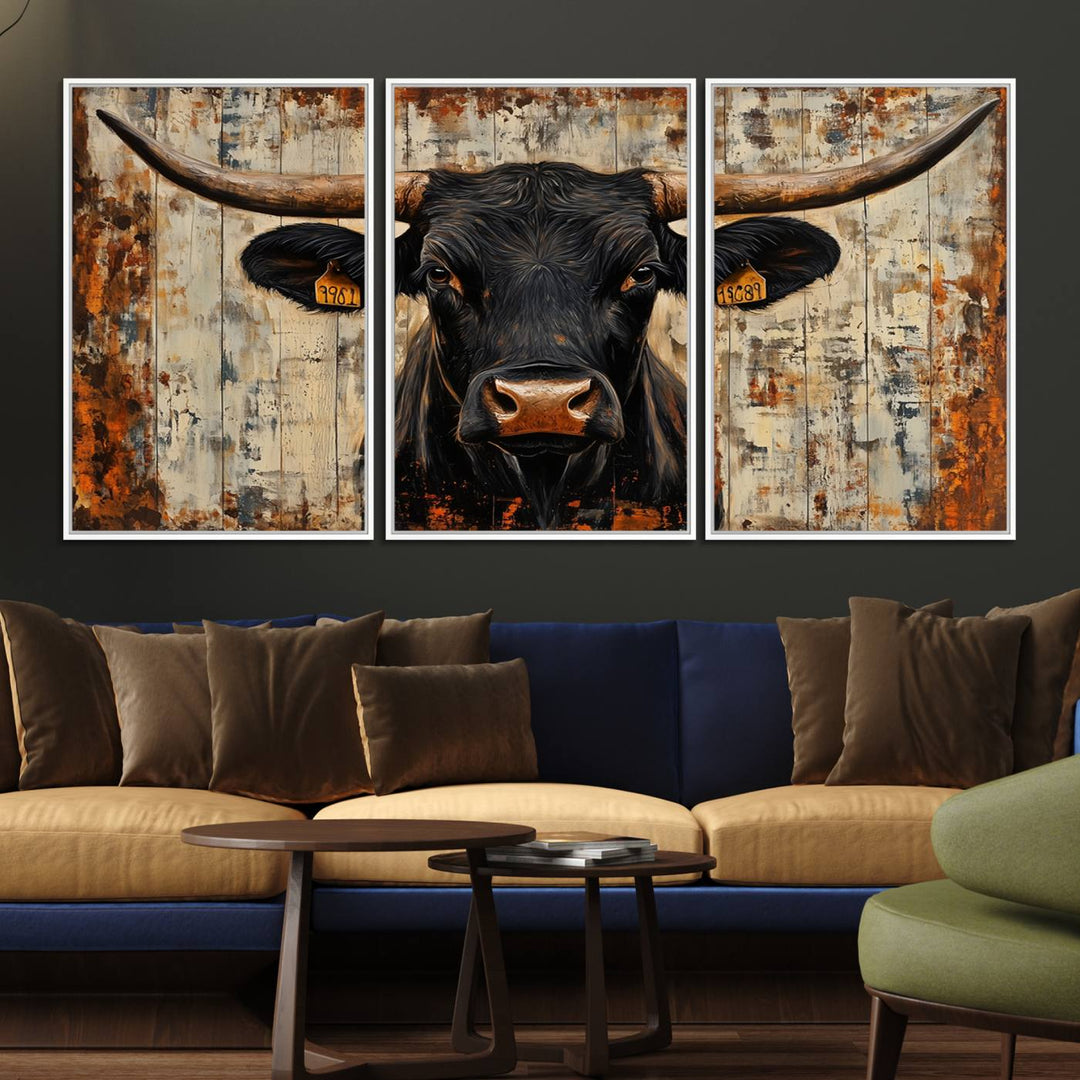 Black bull painting with horns and ear tags, ideal for rustic Texas decor - Abstract Cow Longhorn Bull Canvas Print.