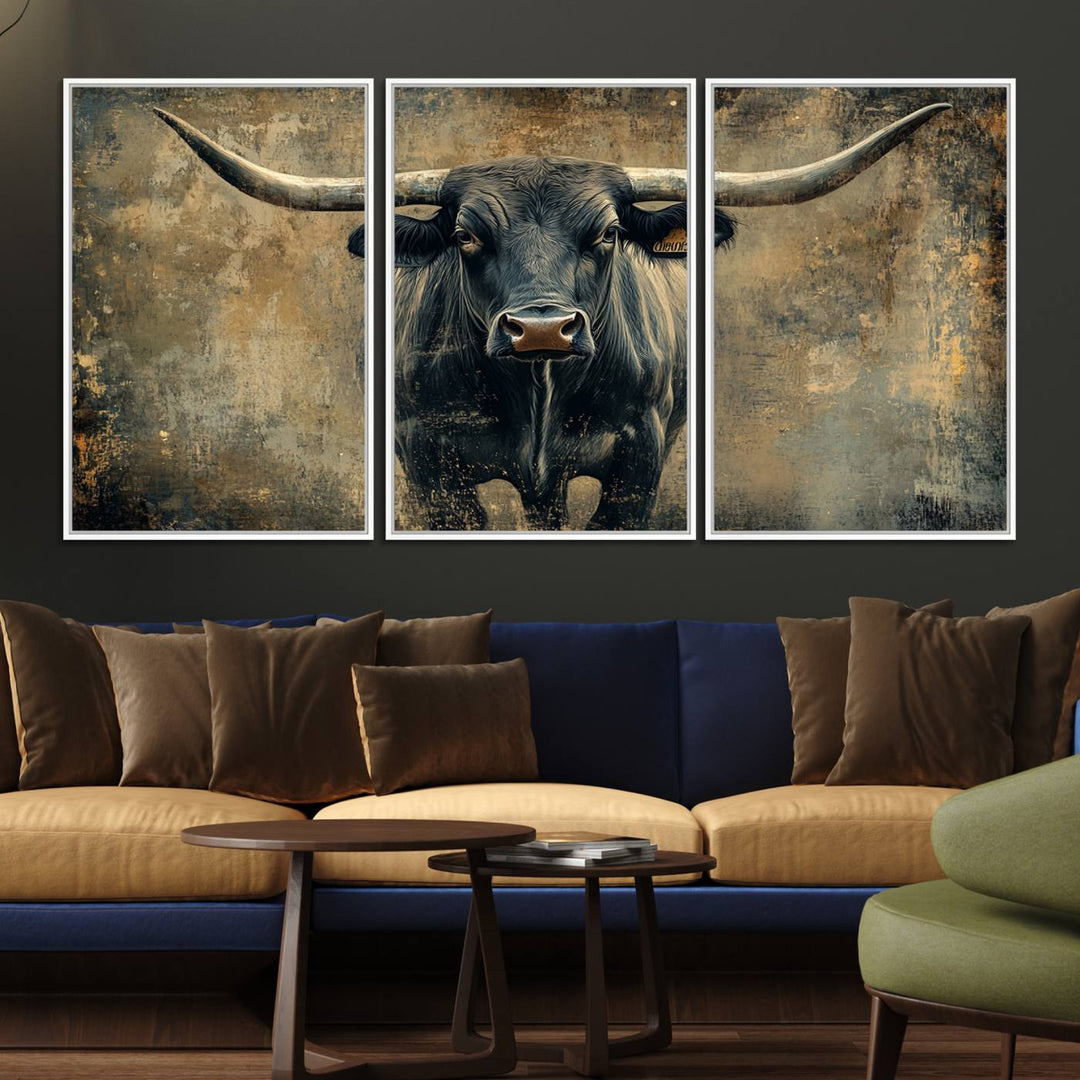 The Longhorn Bull Canvas Print features a bull with prominent horns facing forward, depicted in abstract Texas Western art style.