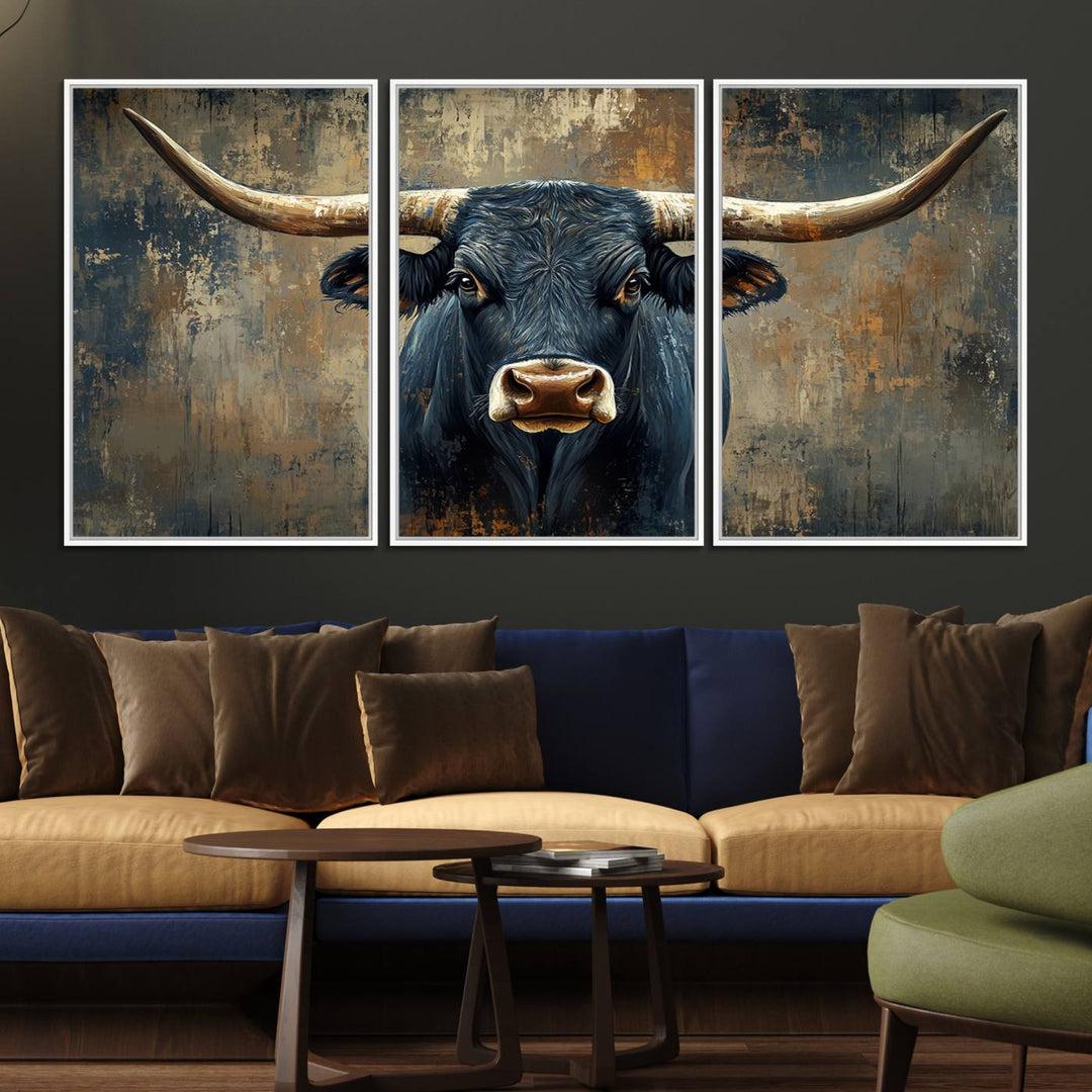 The Texas Western Wall Art Canvas Print showcases a Longhorn Bull set against an abstract brown and gray backdrop, making it perfect for rustic decor.