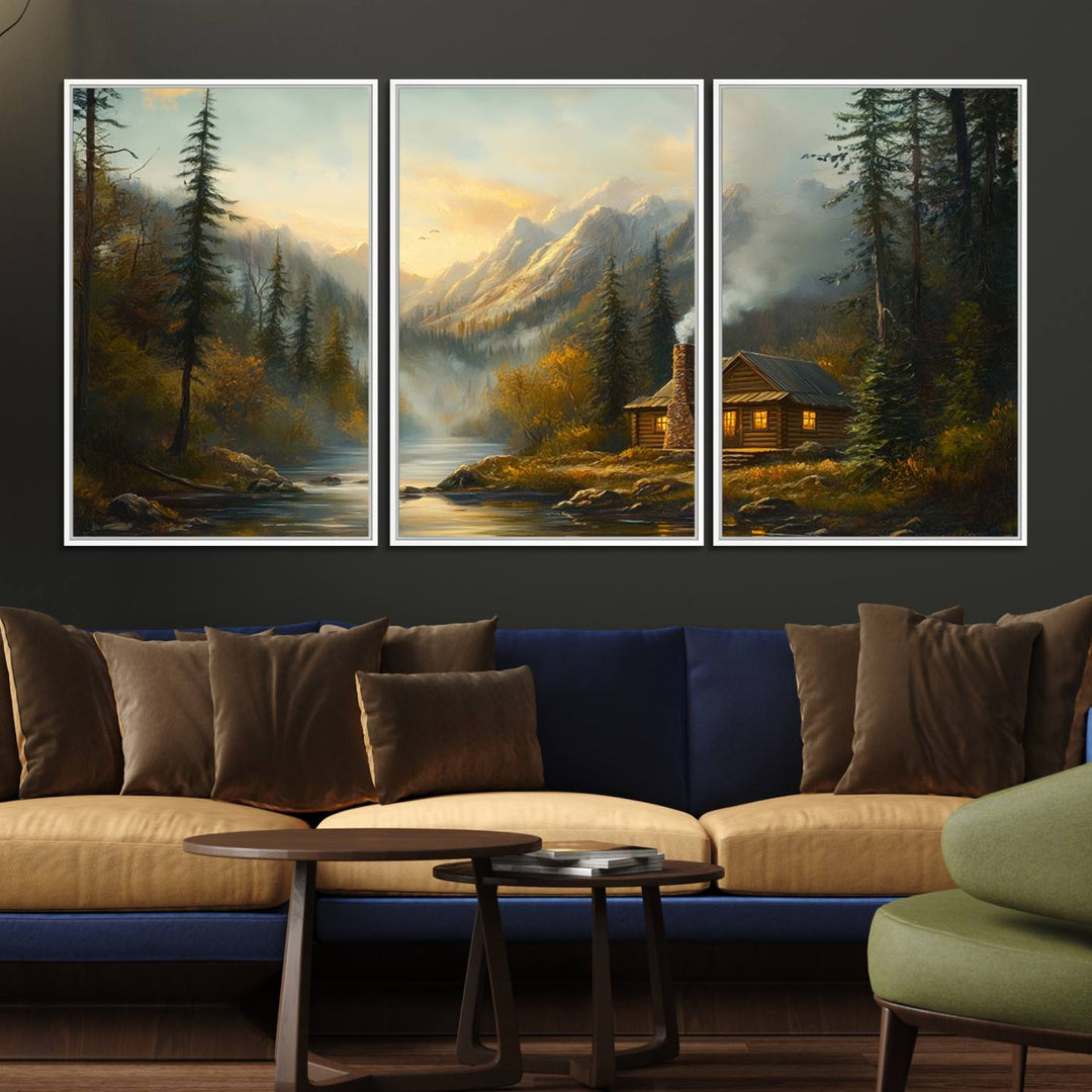 A cozy Wood Cabin Retreat Mountain at Sunset Wall Art features a serene forest and river landscape with smoke rising on a canvas print.