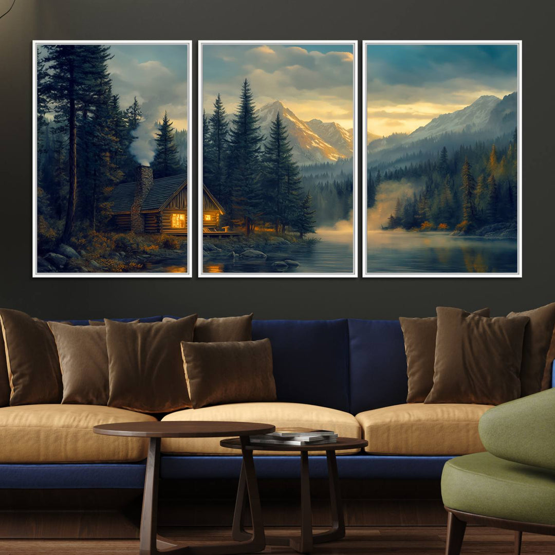 Serene sunset lake wall art: a cozy mountain cabin with lights, framed by pine trees and set against a moody sky. Ideal for adding rustic lodge charm to your space.