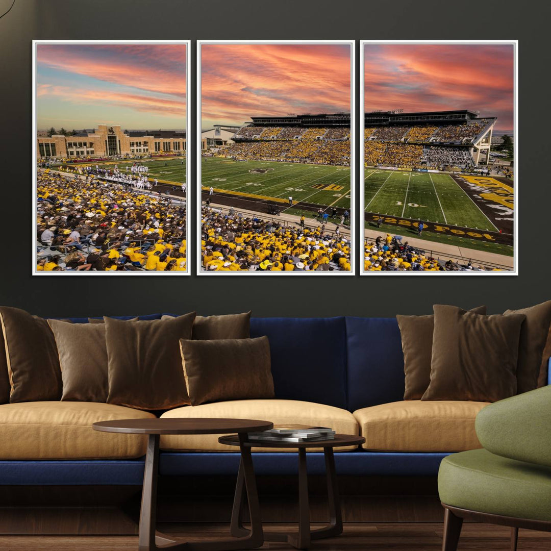 Capture the essence of a packed War Memorial Stadium at sunset with the Cowboys Football Canvas Print, highlighting fans cheering in yellow.