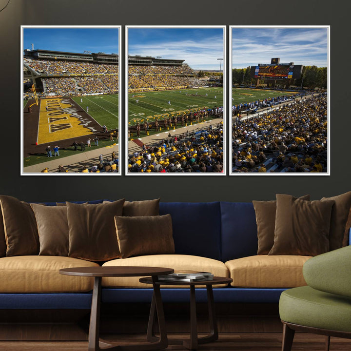 Canvas Wall Art Print: University of Wyoming Cowboys action at Jonah Field War Memorial Stadium under a sunny blue sky.