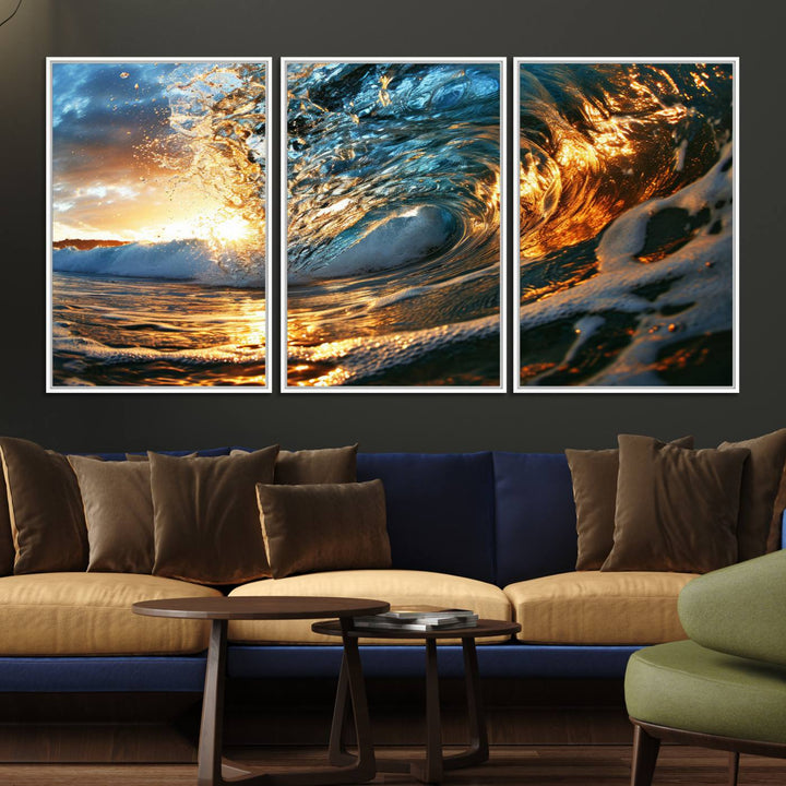 The Ocean Wave at Sunset canvas captures fiery waves with golden and blue hues, making it a perfect addition to nautical-themed decor.