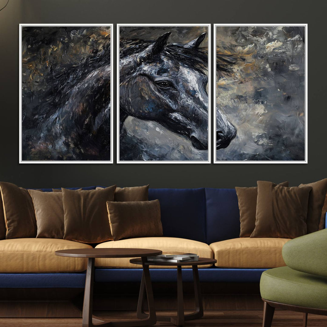 Abstract Horse Wall Art Canvas: A dark horses head and flowing mane set against a textured, muted background.