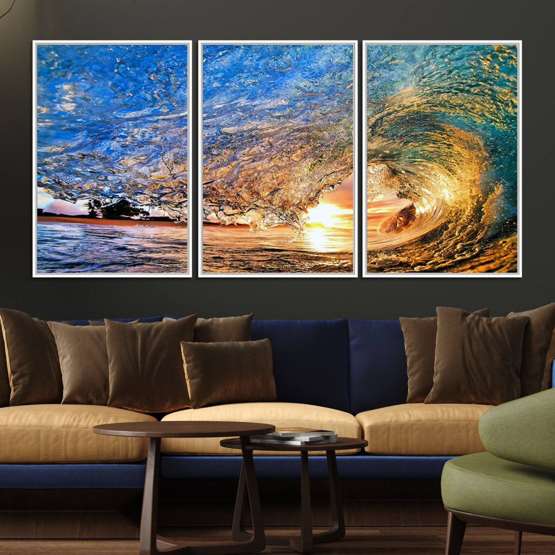 The Ocean Wave at Sunset Canvas Art captures vibrant coastal colors, perfect for nautical decor.