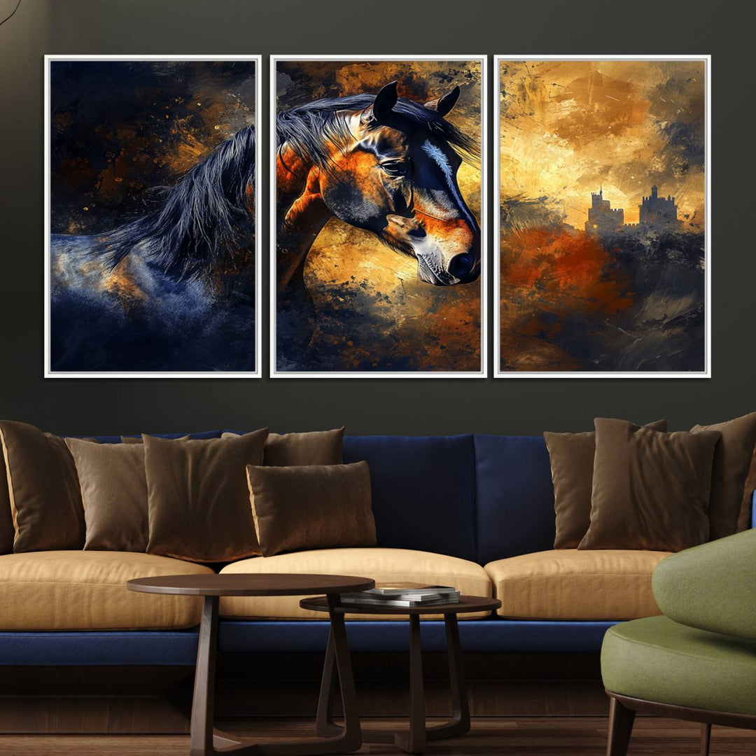 Abstract Horse Art Print on canvas, featuring a colorful background, perfect for rustic farmhouse or equestrian decor.