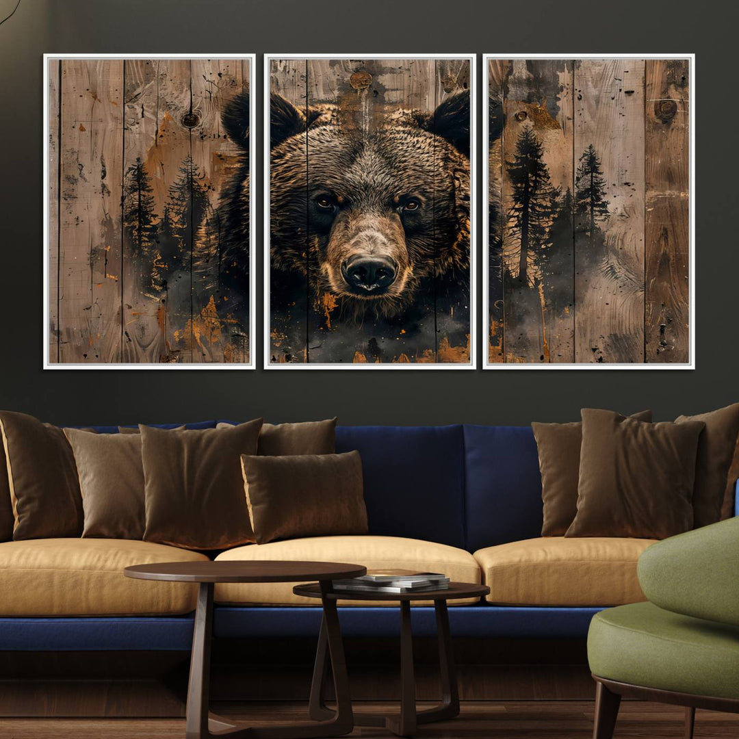 The bedroom showcases the Rustic Grizzly 399 Wall Art, a triptych canvas print that brings woodland charm to the space with its striking depiction of a bear. Elegantly displayed on a wooden wall, it enhances the rustic cabin feel.