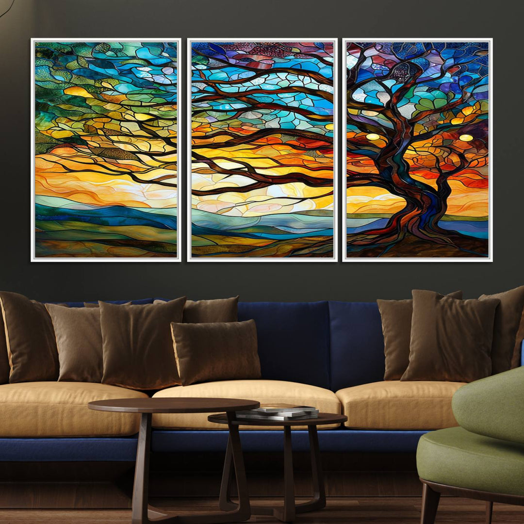 A vivid Tree of Life in stained glass style is depicted with twisted branches, a colorful sky, and hills on a ready-to-hang canvas.