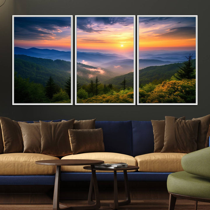 The Majestic Mountain Sunrise Print features a vibrant sky, layered hills, and evergreens, making it a stunning piece of wall decor.