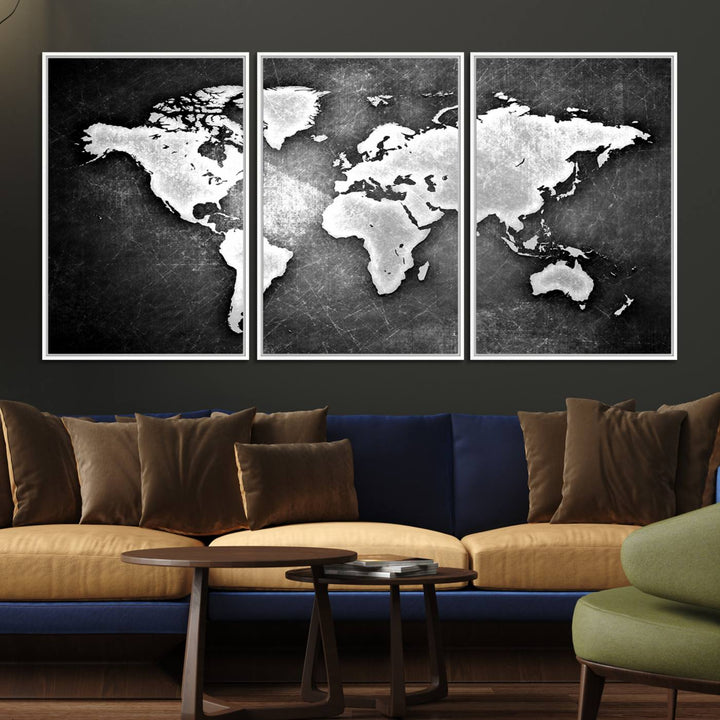 Black & White 3-Panel Framed World Map Canvas Art with Grunge Design.