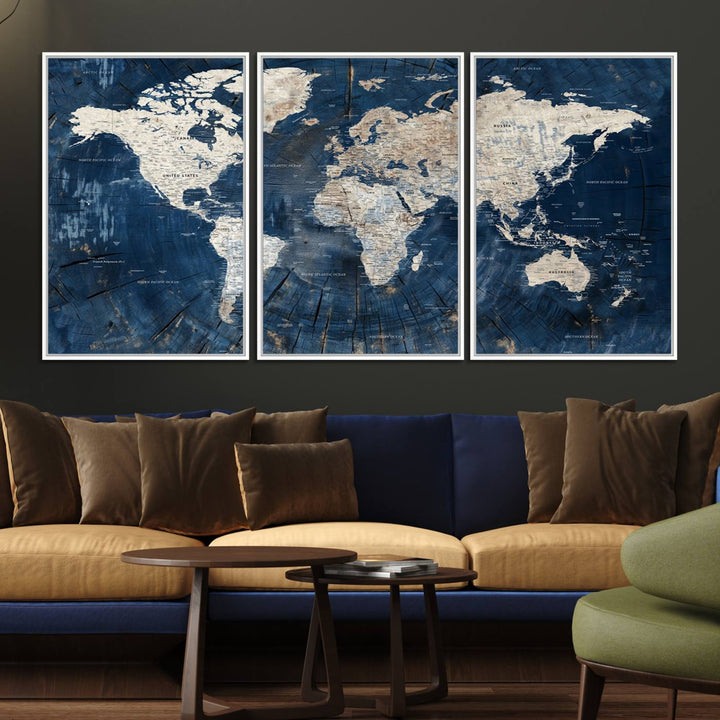 Rustic World Map Wall Art Canvas: Features a vintage blue design with a wood texture, highlighting continents in light hues.