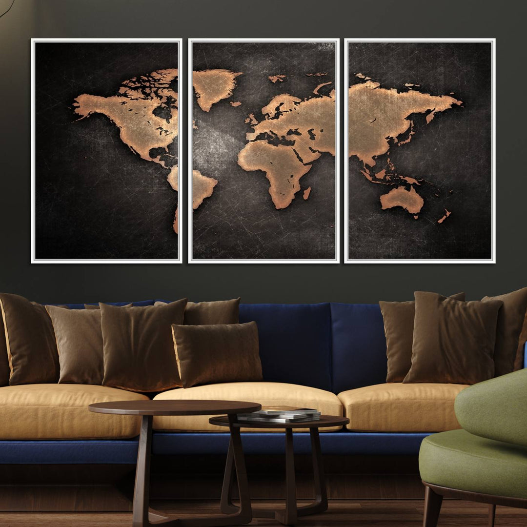 The Modern World Map on a metallic black canvas creates a striking effect.