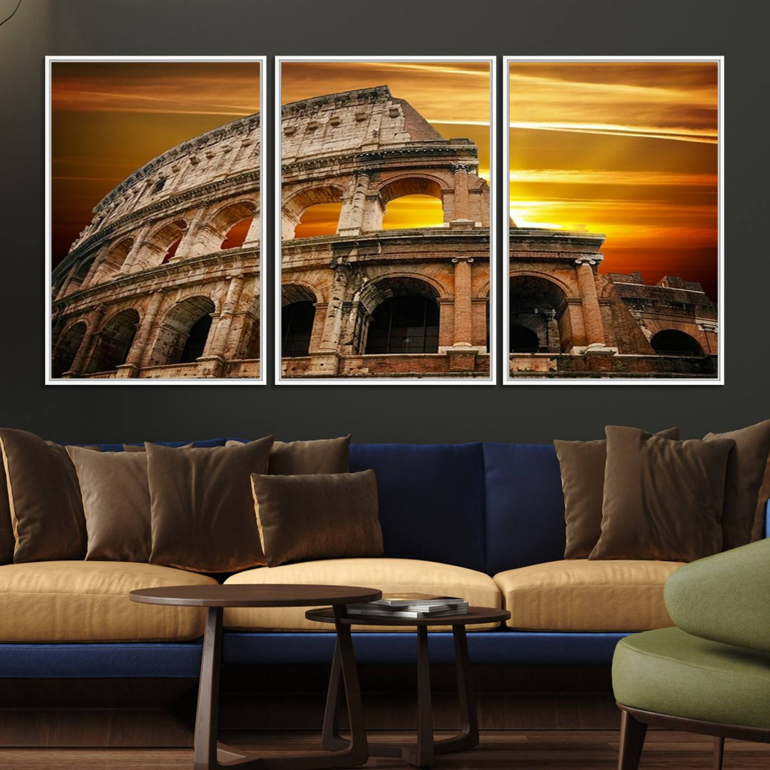 On the wall, theres a piece of art titled Colosseum with Yellow Sunset Behind, Italy.