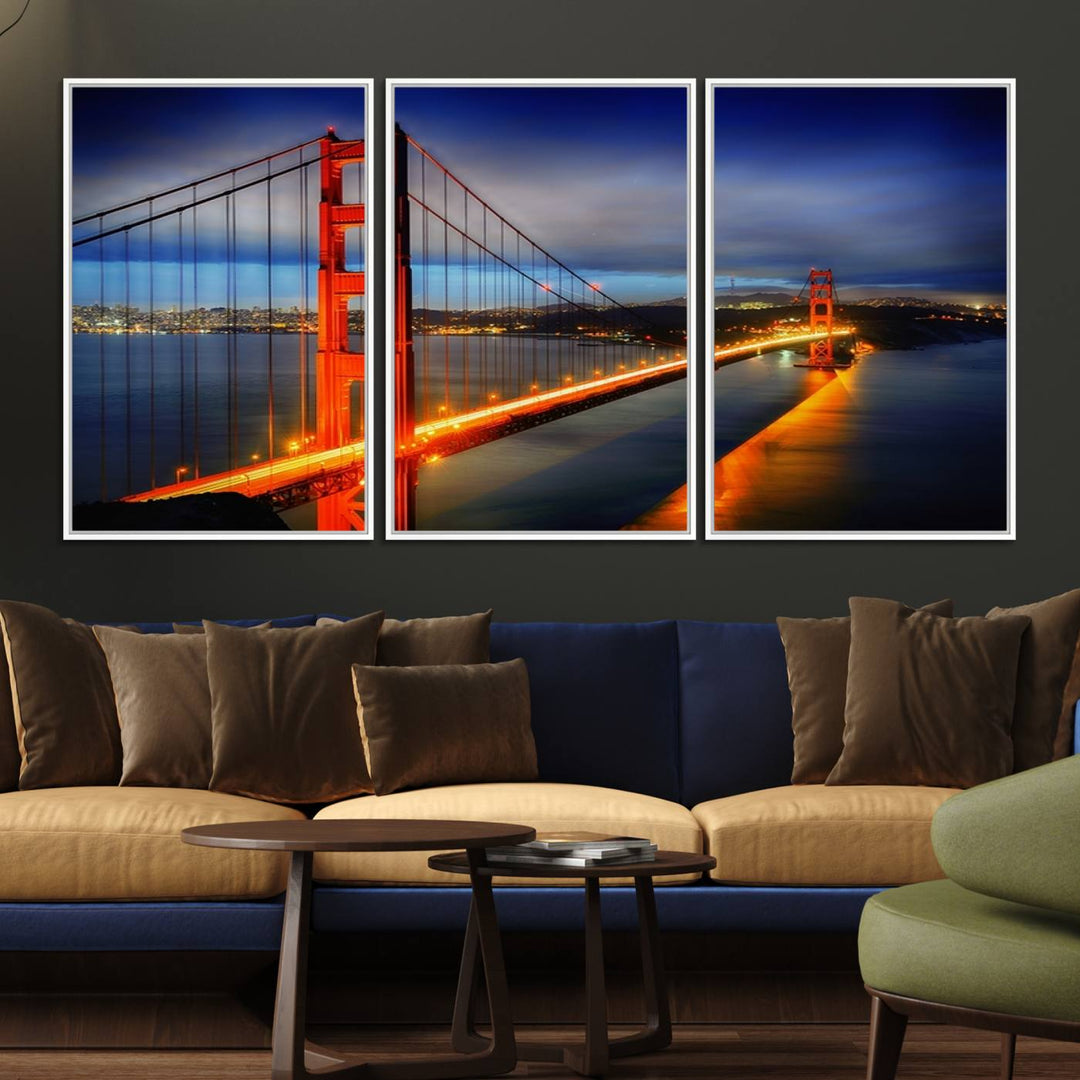 A large wall art San Francisco canvas print of the Golden Gate Bridge at twilight is displayed on a porch.