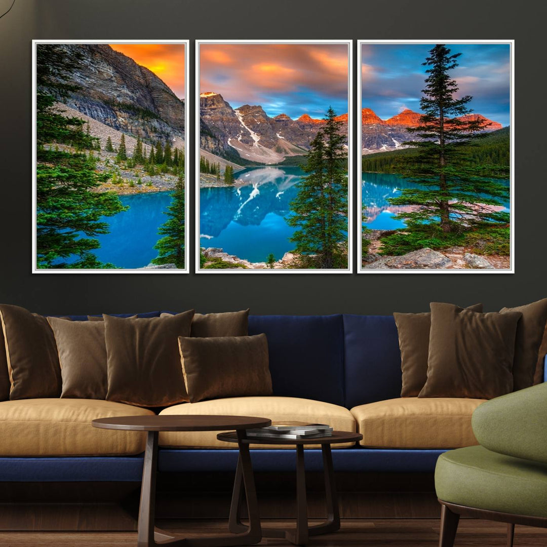 The dining room features a stunning piece of wall art depicting the Canadian Rockies Moraine Lake.