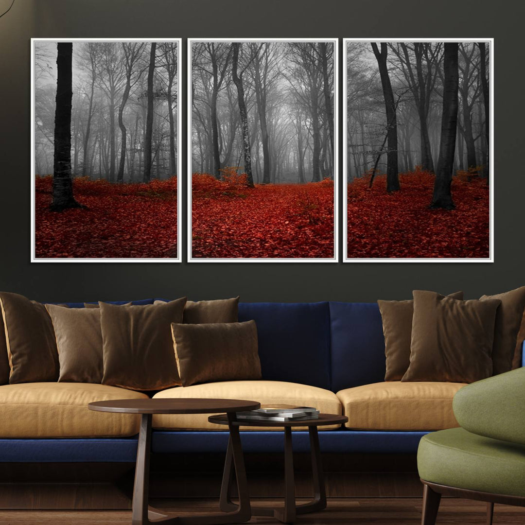 A large, museum-quality canvas print titled Wonderful Forest with Red Leaves.