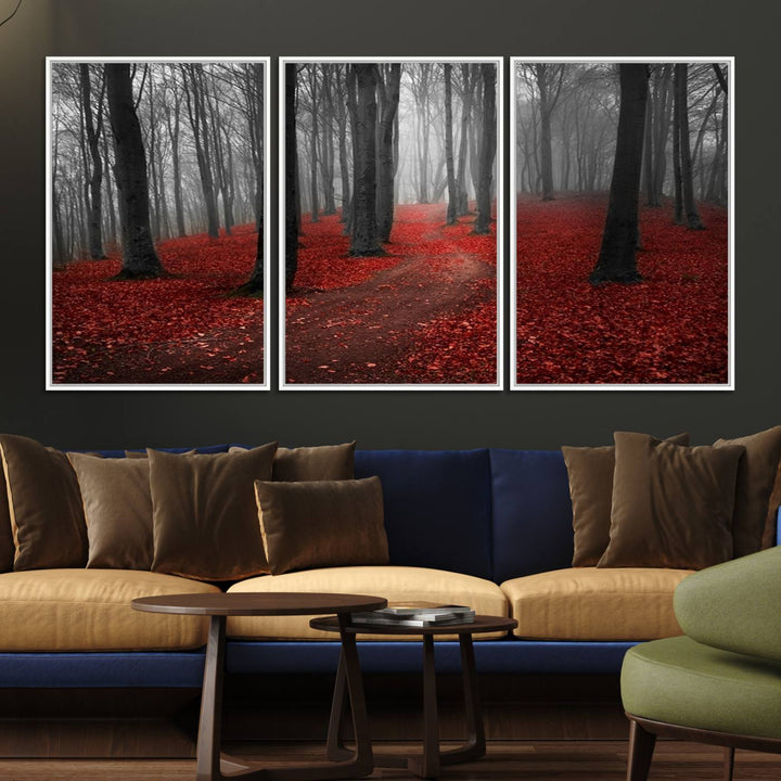 Wonderful Forest artwork: Triptych with red leaves, ideal for nature lovers.