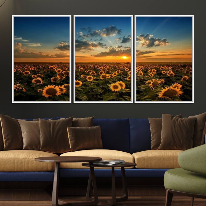 The dining area features the Sunflower Field Sunset Wall Art Canvas Print.