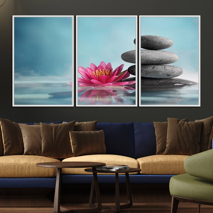 The dining room features a Zen Serenity Triptych wall art, showcasing a calming depiction of lotus flowers and balancing stones.