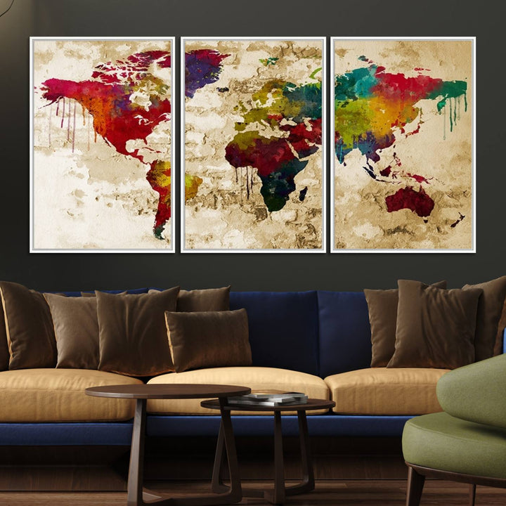 The Rainbow Colored Vintage World Map Canvas Print decorates the room.