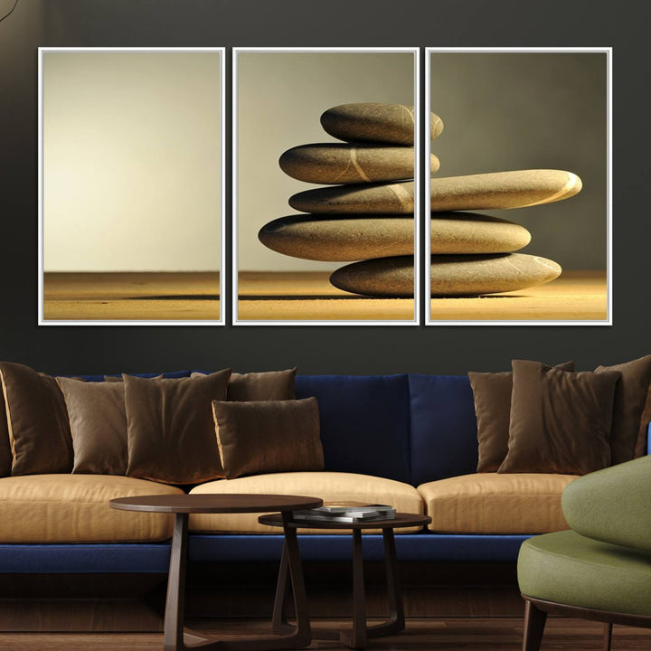 The Yellow Zen Stones on Yellow Background Wall Art is a striking feature in this minimalist kitchen.