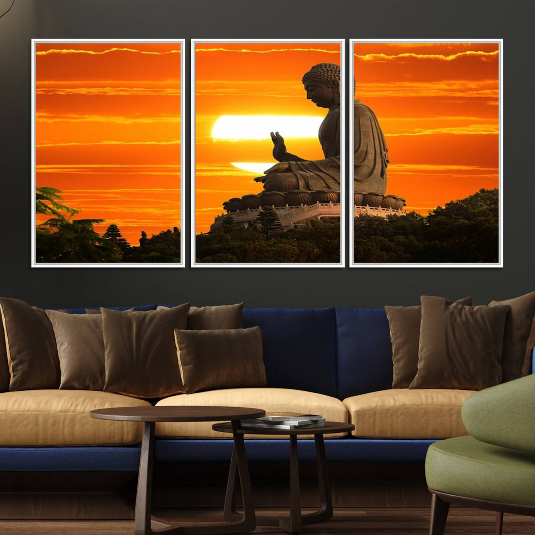 The Buddha Statue at Sunset canvas print adds serenity to the space.