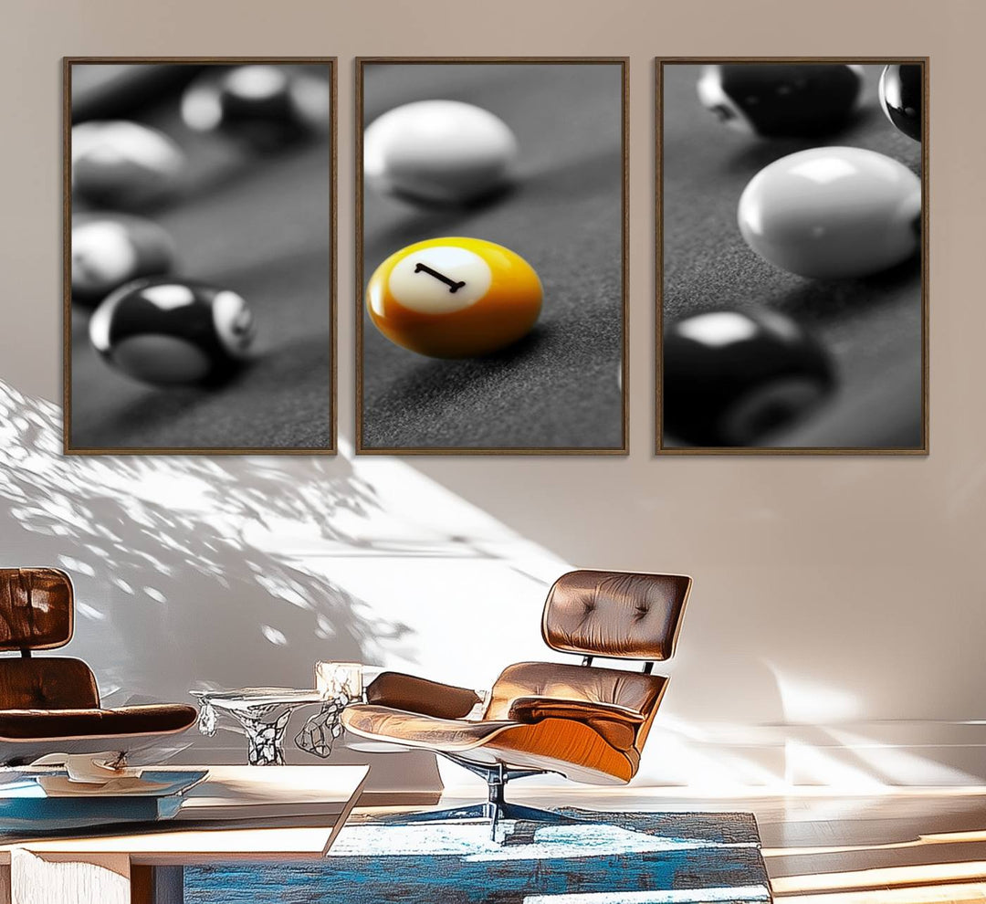 The Black and White Concept Billiard Balls Canvas Print elevates the space with museum-quality charm.