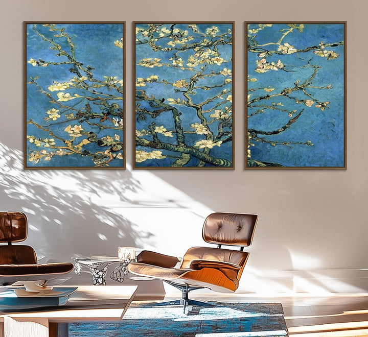 A Van Goghs Almond Blossom canvas print adds a touch of elegance to the wall.